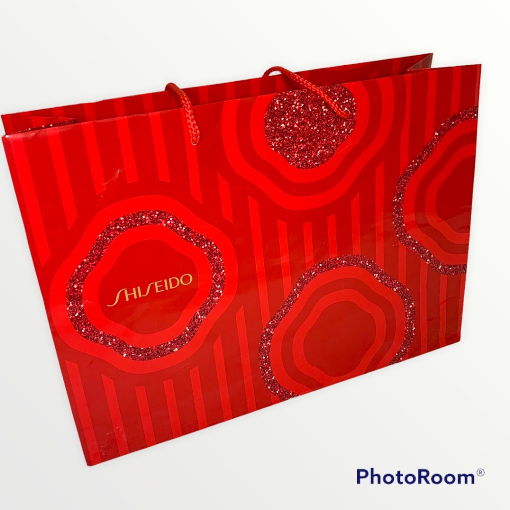 Shiseido Gift Bag - Large - Red with Gold Glitter accent  - Red Handle